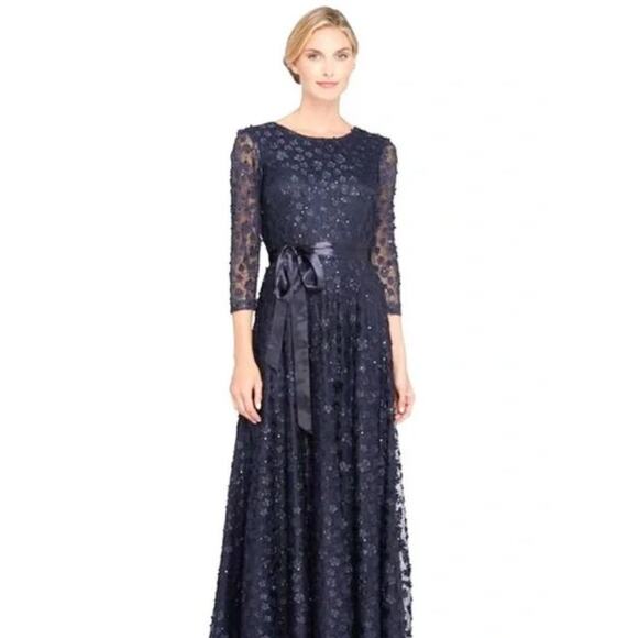 Tahari Navy Floral Applique Three Quarter Sleeve Maxi Dress Size 12 - Picture 1 of 10